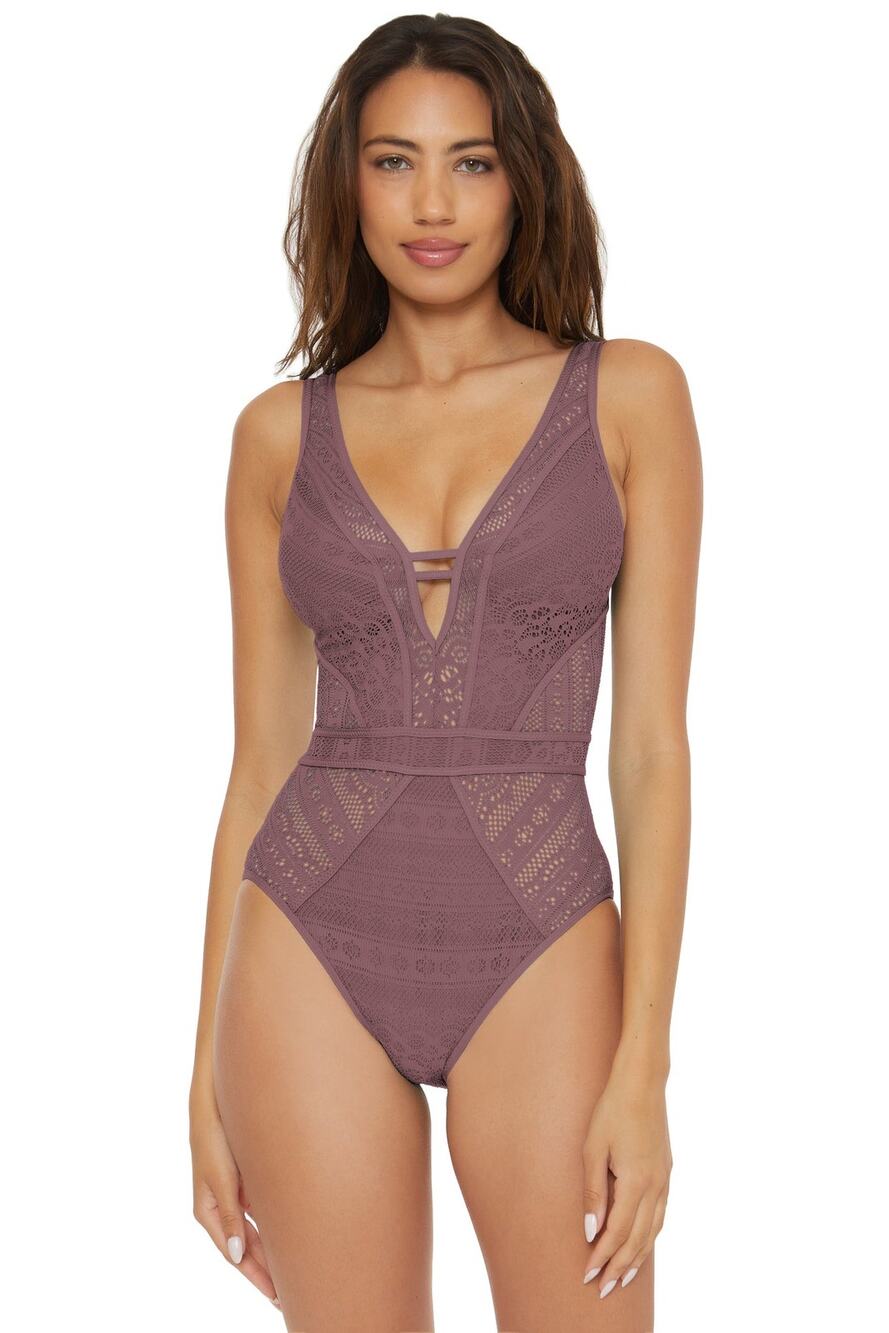 Becca Color Play Fig Purple Plunge Lace One Piece Swimsuit Size Small